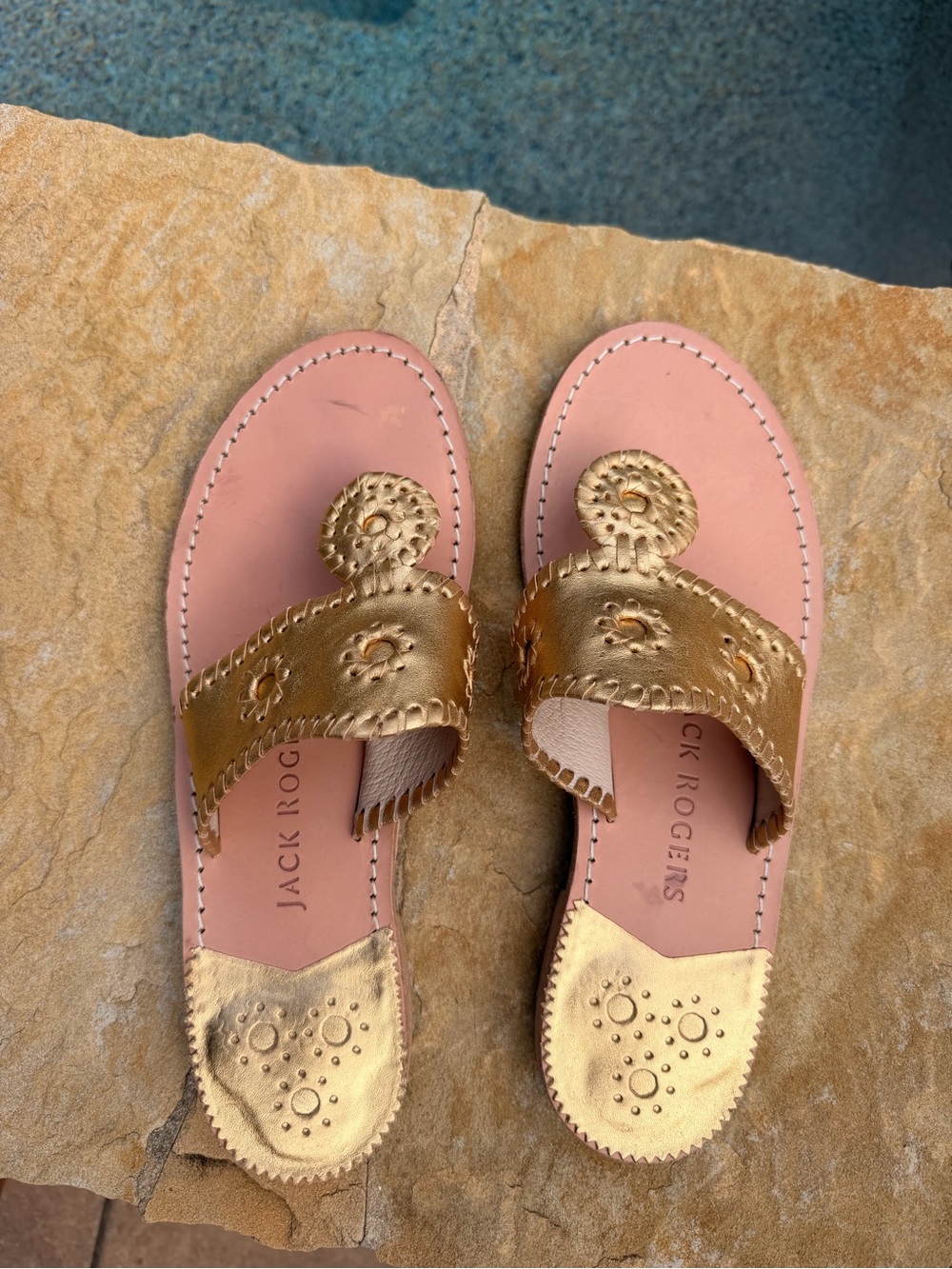 Jack Rogers Gold and Pink Leather Slide Sandals